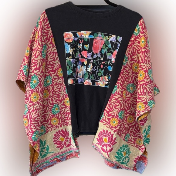 Upcycled RUN DMC T W/ Floral Kantha sleeves, by Susie. - Picture 2 of 8